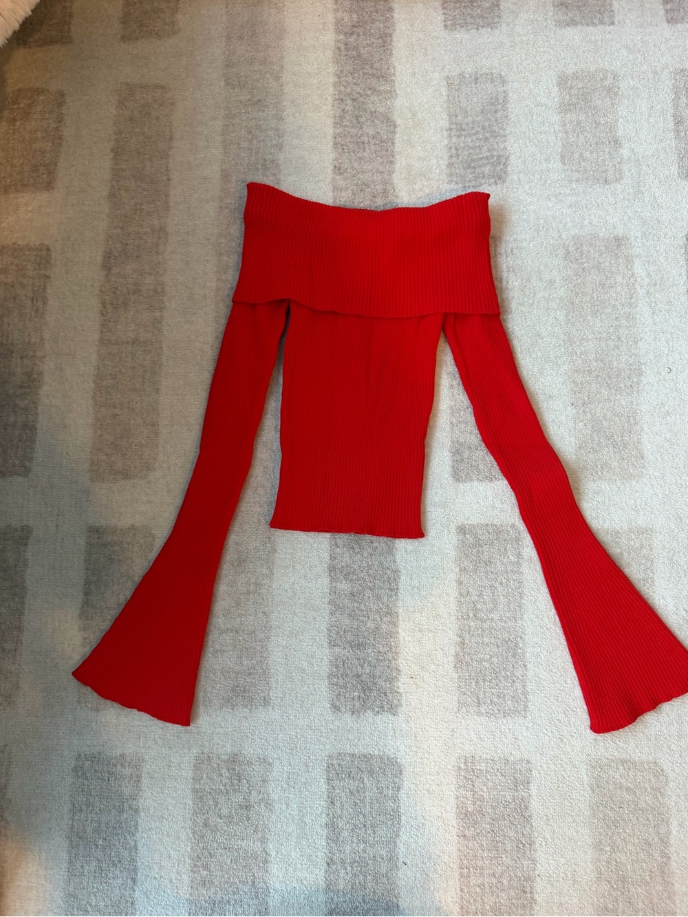 Red Ribbed Off-Shoulder Bell Sleeve Top - Kids